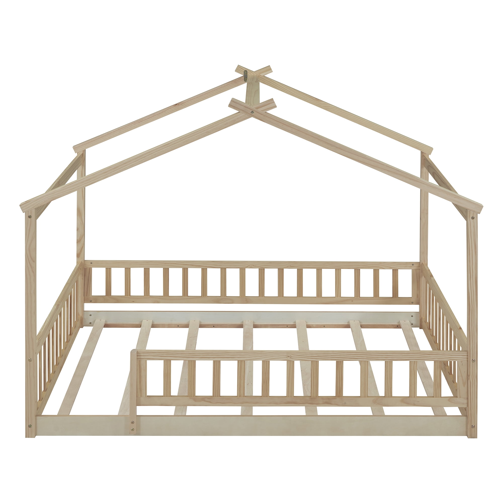 Bellemave Full Size House Floor Bed, Wooden Montessori Full Bed with Fence Railings and Support Slats, No Box Spring Needed (Natural)