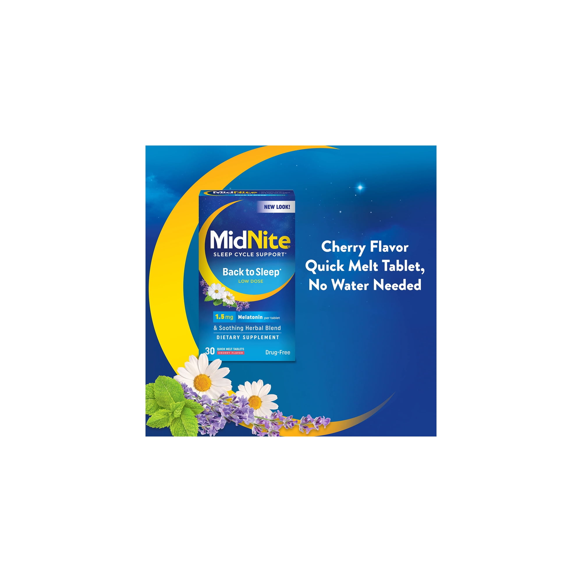 MidNite Sleep Cycle Support – Back to Sleep Low Dose, 1.5 mg Melatonin with Soothing Herbal Blend, Cherry Flavor, 30 Quick Melt Tablets, Drug-Free (Pack of 3)
