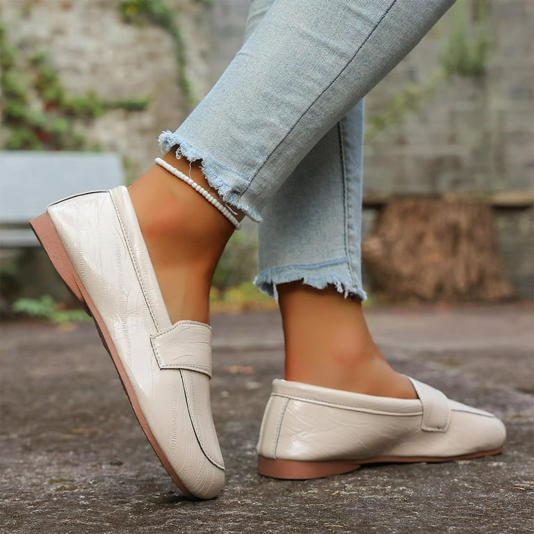 KEGIRLOM Women's Fashionable Casual Round Toe Solid Color Shallow Mouth  Moccasins Comfortable Low Heels Shoes Beige Size 6 - Walmart.com
