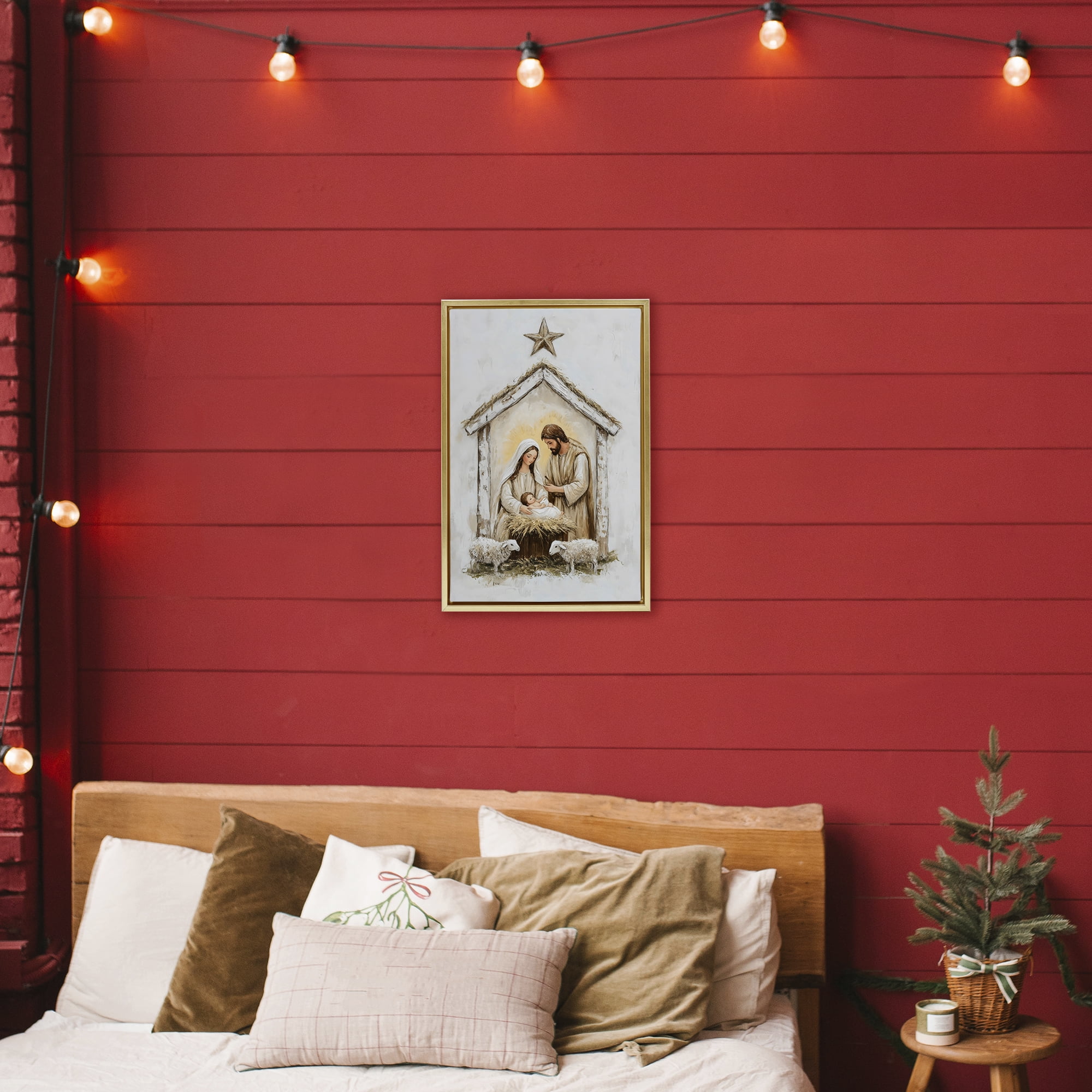 Little Lambs & Nativity Gold Framed Floater Canvas Wall Art, design by Petal Prints Design