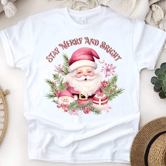 Stay Merry and Bright T-Shirt | Vintage Santa Holiday Graphic Tee, White, Size S