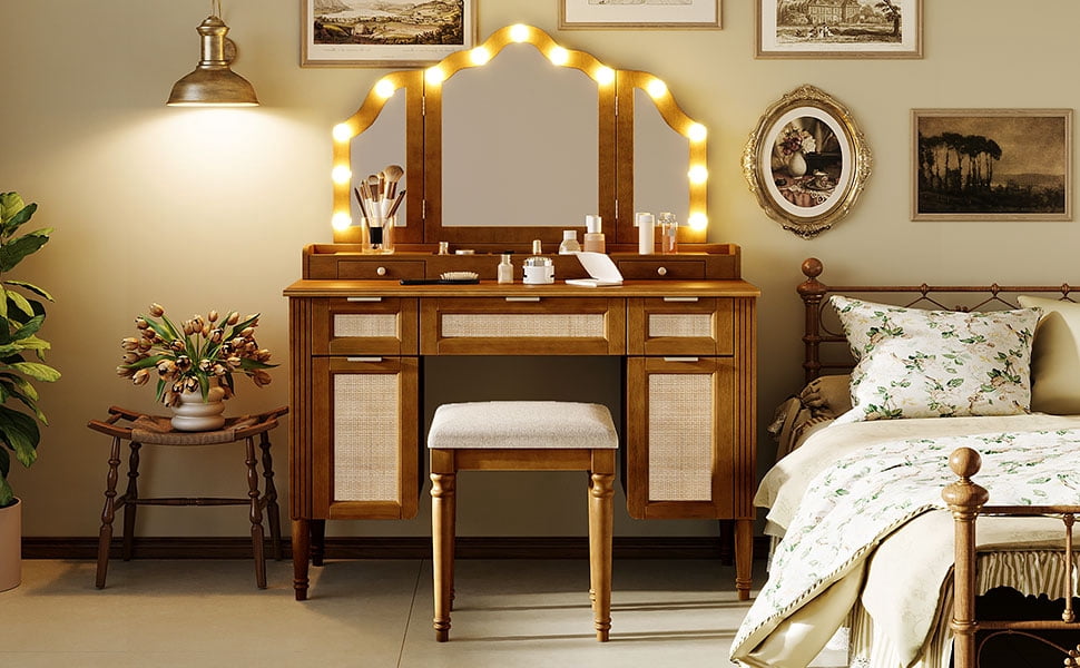 Mintazer 44" Makeup Vanity Set with Tri-Fold Hollywood Bulbs LED Mirror & Charging Station, Dressing Table with 5 Drawers & 2 Cabinets and Stool for Bedroom, Espresso