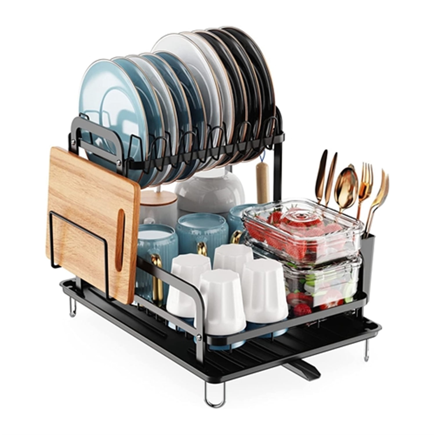 2 Tier Dish Drying Rack, Carbon Steel Rust Resistant Kitchen Drainer, Large Capacity Tableware Organizer with Drainage Tray, Removable Utensil Holder, for Kitchen Countertop Sink Corner