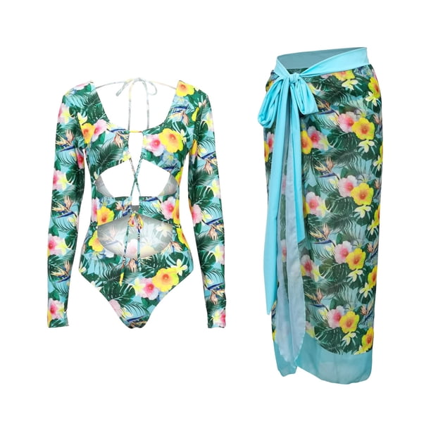 Trajes de Baño para las Mujeres Traje de Cremallera de Manga Larga con Impresión de Hoja Multicolor, Conjunto de Traje de Falda de Baño Modesto
