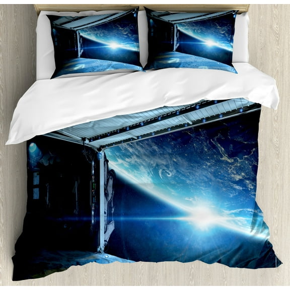 Outer Space Duvet Cover Set King Size, Interstellar Airlock Shuttle Runway Gate Journey to the Stars Invasion View, Decorative 3 Piece Bedding Set with 2 Pillow Shams, Blue Gray, by Ambesonne