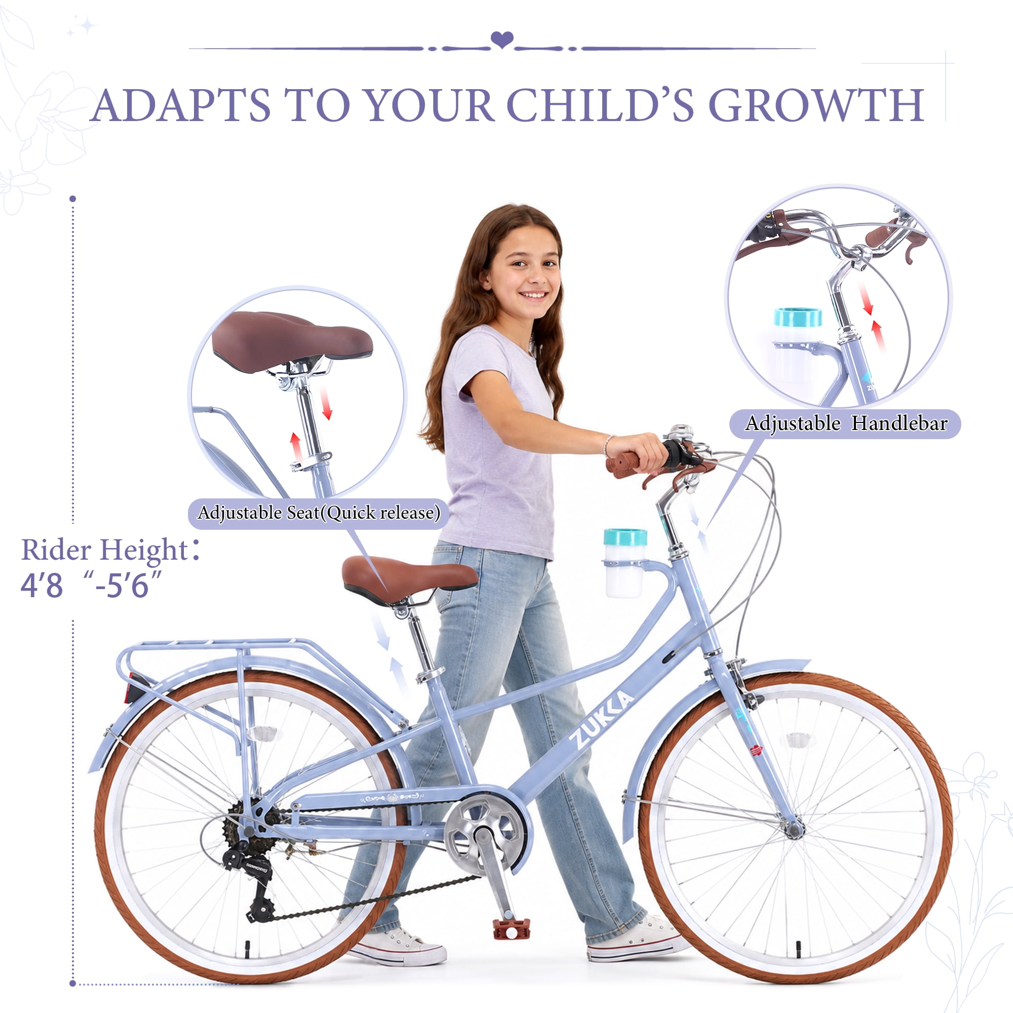 24 Inch Women's Cruiser Bike, 6 Speed Step-Through Commuter Bicycle with Rear Rack & Cup Holder, Adult City Bike