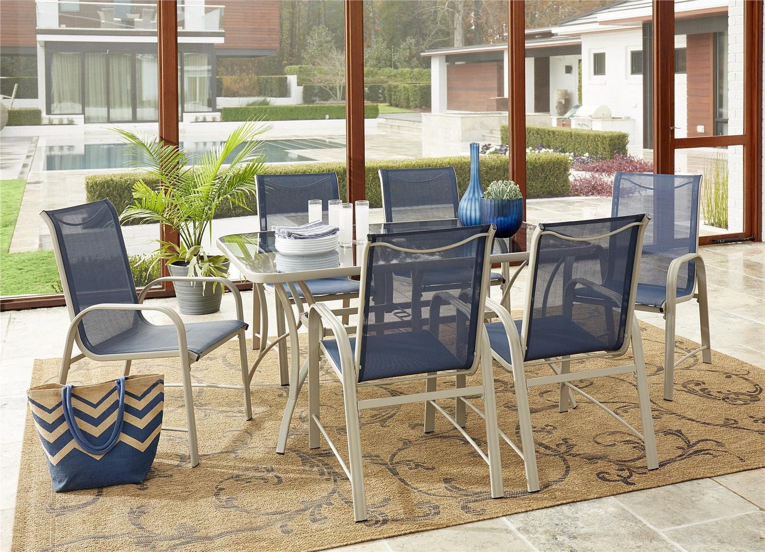 COSCO Outdoor Living Paloma Steel Patio Dining Chairs, Light Gray Sling, Dark Gray Steel Frame, 6-Pack