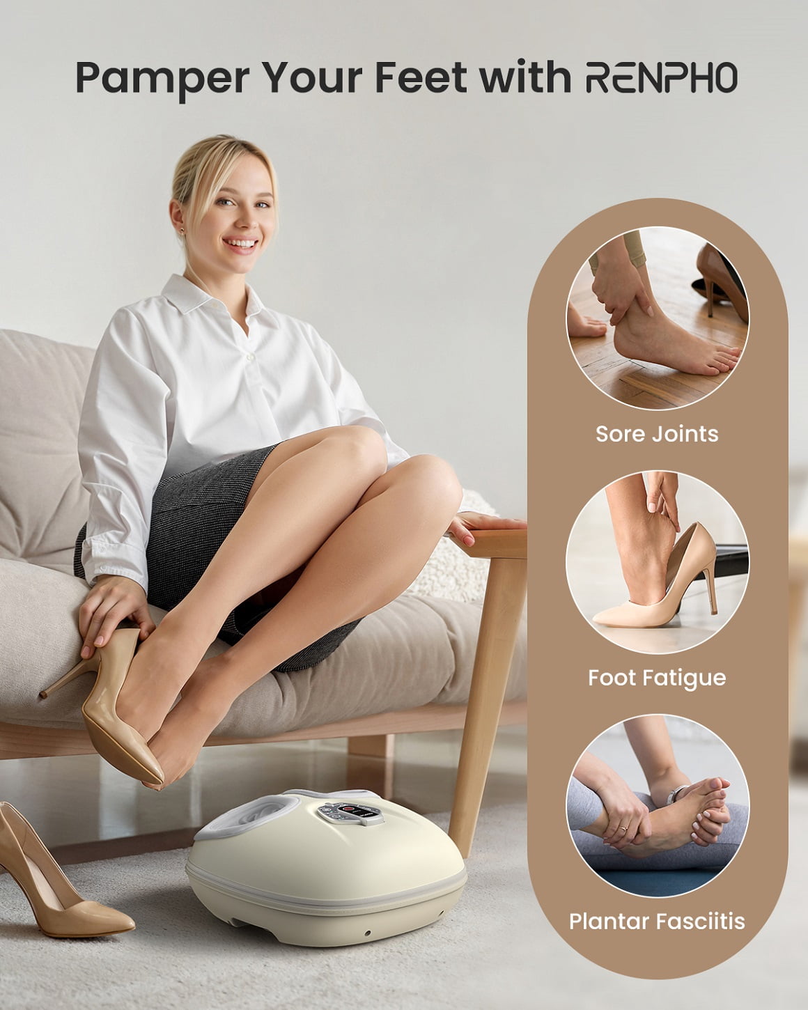 RENPHO Foot Massager Machine with Heat [2026 Upgraded], Shiatsu Foot Massager for Plantar Fasciitis, Gift for Women Men Mom Dad, Exclusive Voice Control, Beige