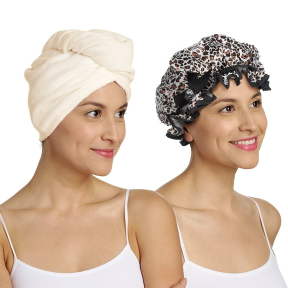 Turbie Twist Microfiber Hair Towel Wrap & Stylin' Shower Cap - Tan, Leopard Print
