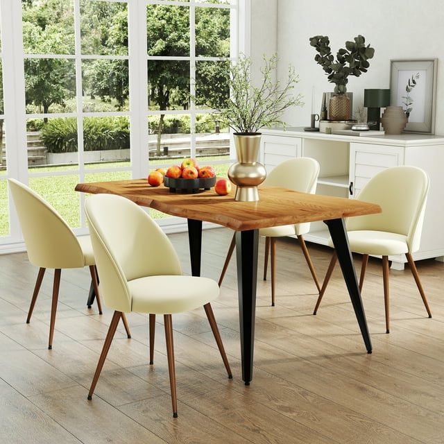 Homy Casa 63 inch Dining Table Set with 1 Table and 4 High-Back Chairs, Modern Wave Edge, Natural Tabletop, Beige Fabric Upholstery