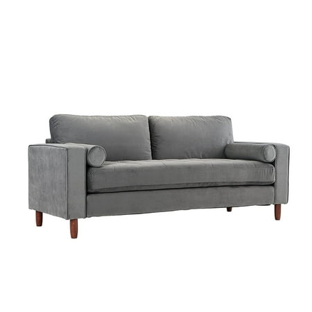 Mid Century Modern Velvet Fabric Sofa Couch With Bolster Pillows Grey Mid Century Modern Velvet Fabric Sofa Couch With Bolster Pillows Grey