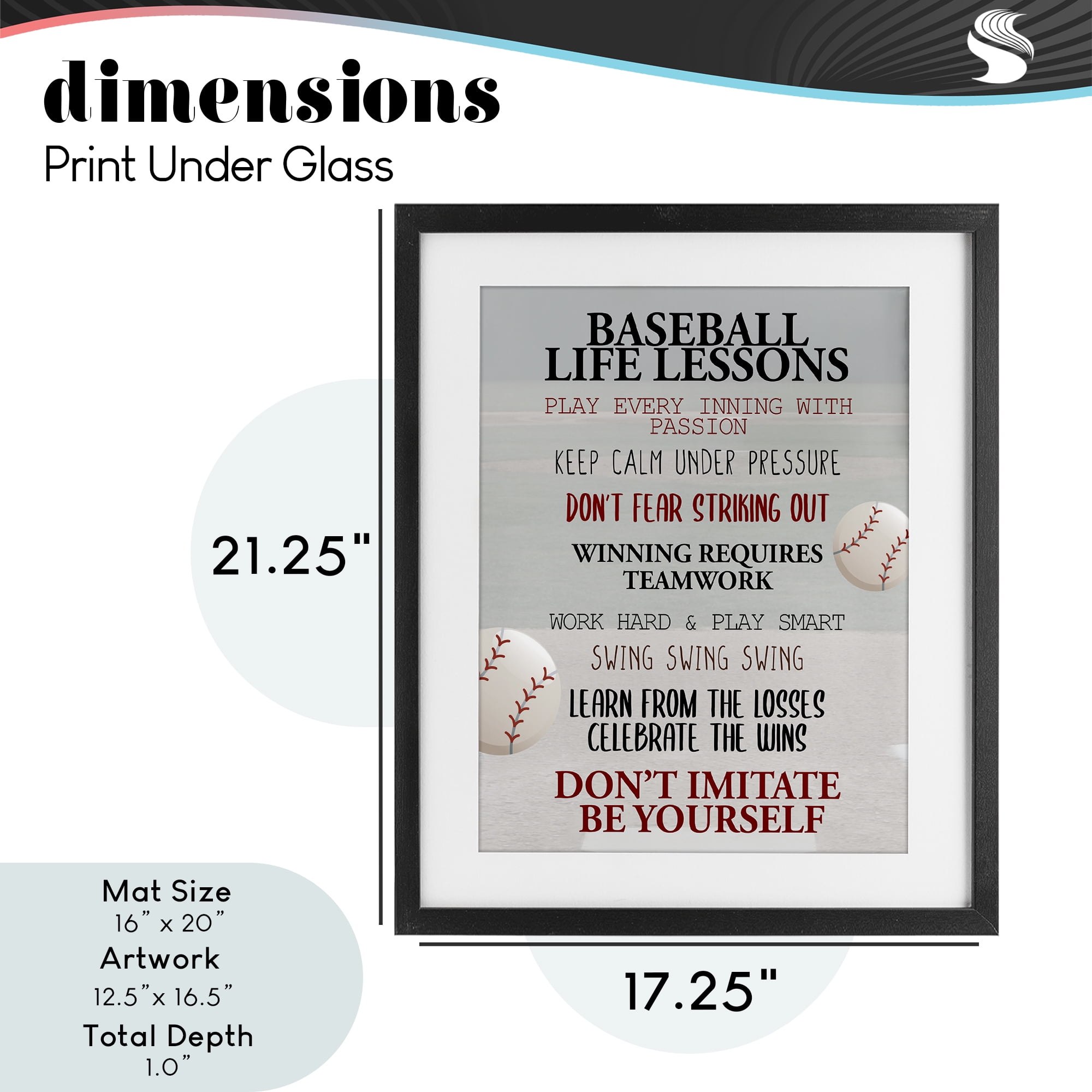 Baseball Life Lessons Black Framed Print Under Glass, design by Kim Allen