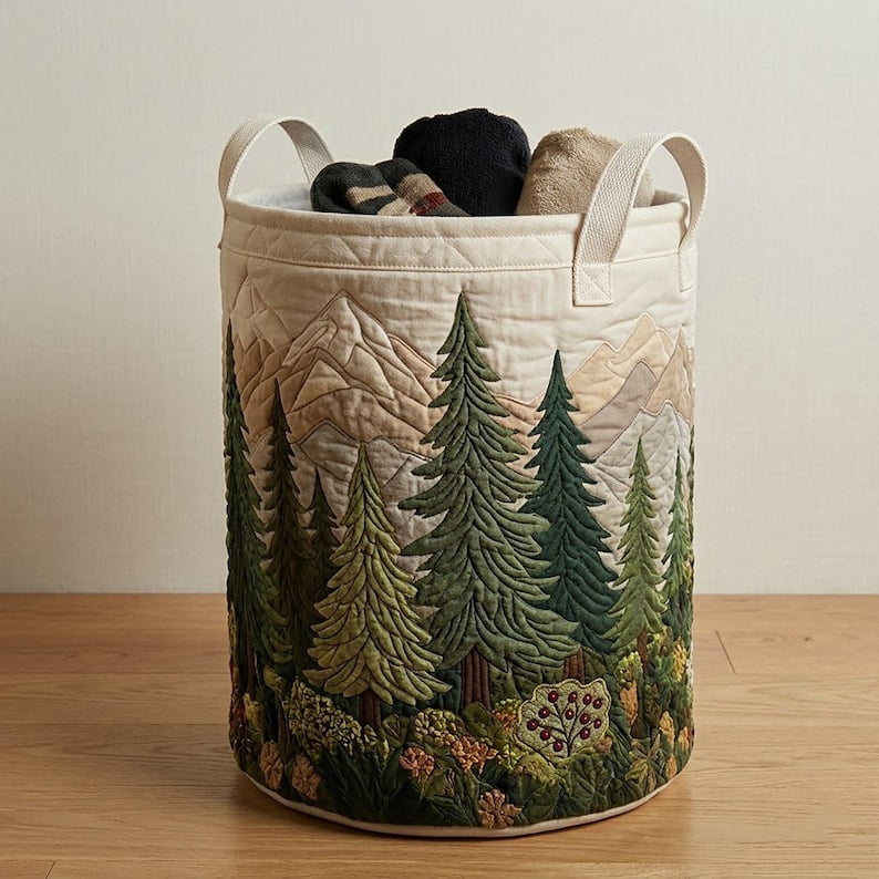 Deep Pine Forest Quilted Laundry Basket: Foldable Oxford Cloth Storage Bin, Woodland Nature Hamper