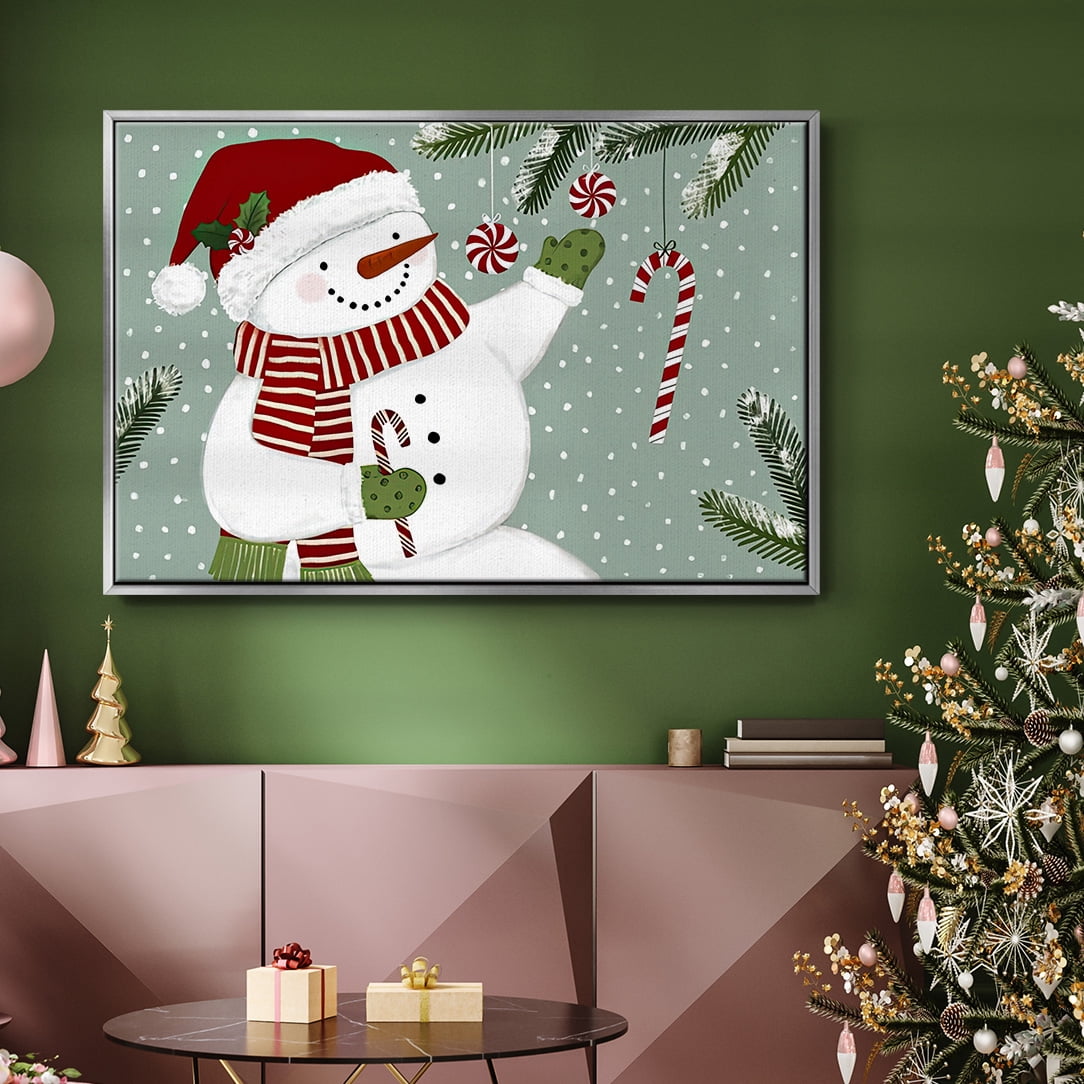 Peppermint Snowman Collection A - Framed Gallery Wrapped Holiday Canvas - 27 x 41 - Silver Frame
