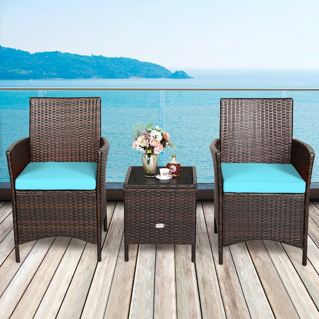 Costway Ensemble de Mobilier de Terrasse en Rotin 3 Pcs Canapé Coussiné Dessus de Table en Verre Terrasse Bleu