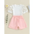 thumbnail image 4 of Bagilaanoe 2pcs Toddler Baby Girl Shorts Set Mesh Short Puff  Sleeve T Shirt Tops + Shorts 1T 2T 3T 4T 5T 6T Kids Casual Summer Clothes, 4 of 9