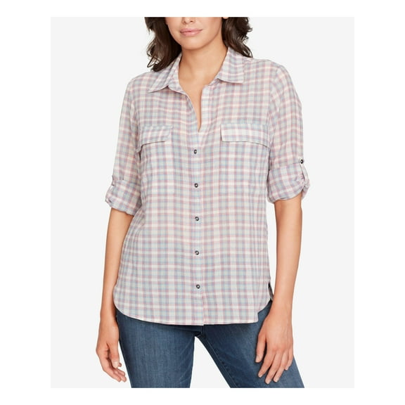 WILLIAM RAST $69 Womens New Pink Plaid Collared 3/4 Sleeve Button Up Top M B B