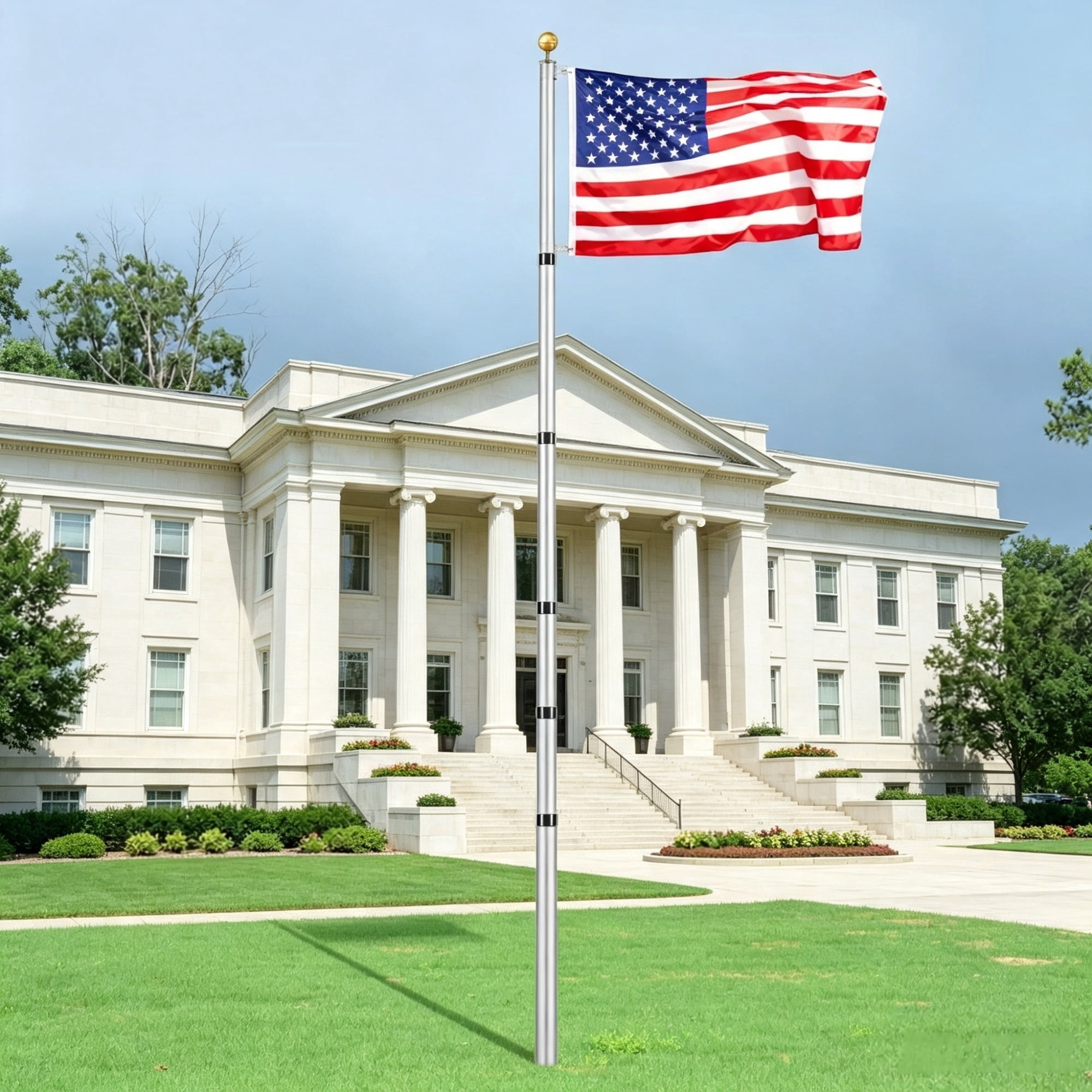 30FT Telescoping Flagpole Kit, Heavy Duty Aluminum In-Ground Flag Pole with 3 Display Modes, Includes 3x5 American Flag & Professional Accessories, Silver