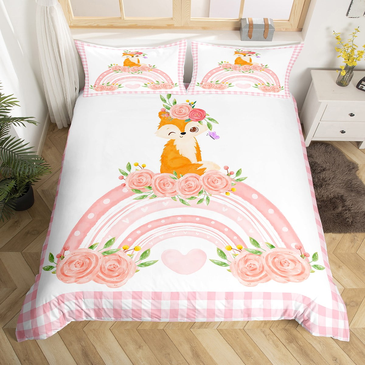 YST Girls Kawaii Bedding Set Full Size Pink Bedroom Decor Rose Fox With