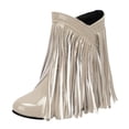 thumbnail image 1 of Bottes Mi-Mollet Larges à Longues Franges pour Femmes avec Talons Compensés Cachés Boho à Franges en Cuir Bout Rond Bottines Courtes Habillées, 1 of 6