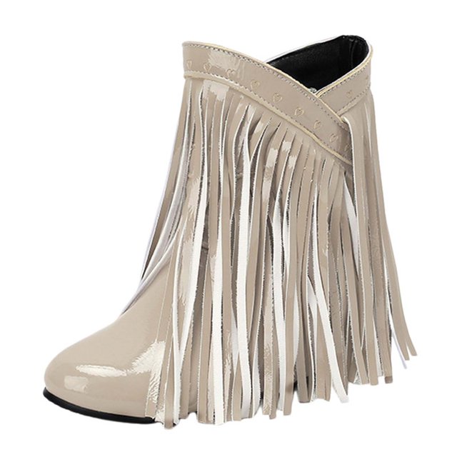 Bottes Mi-Mollet Larges à Longues Franges pour Femmes avec Talons Compensés Cachés Boho à Franges en Cuir Bout Rond Bottines Courtes Habillées