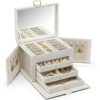 Jewelry Box 4-Tier,Jewelry Boxes & Organizers with Handle,3 Drawers Travel Jewelry Case with Mirror,Jewelry Storage,Earrings Necklace Rings Valentines Wedding Gift for Women Girl White