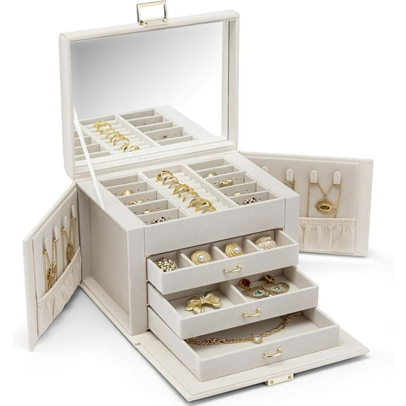 Jewelry Box 4-Tier,Jewelry Boxes & Organizers with Handle,3 Drawers Travel Jewelry Case with Mirror,Jewelry Storage,Earrings Necklace Rings Valentines Wedding Gift for Women Girl White