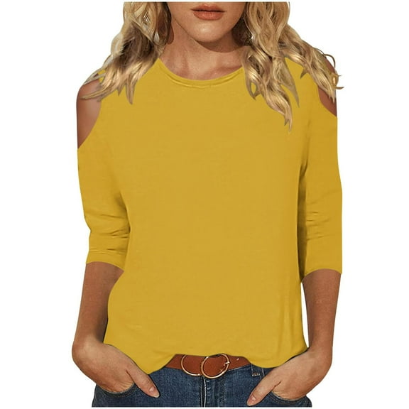 aidice Womens Tops Casual Round Neck Long Sleeve Comfy Shirts Cold Shoulder Solid Color Blouses Tops