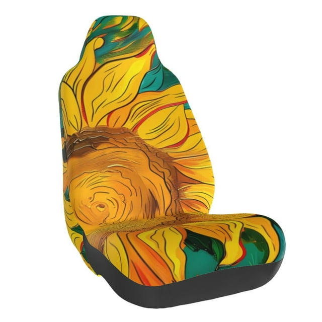 Wukai Vibrant Sunflower Painting Full Set Car Seat Covers with Soft Padding Universal Auto Front Seats Protector and Cushion Mat