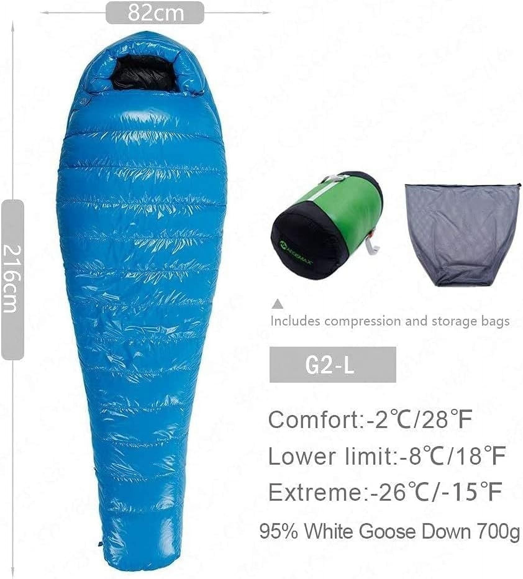 Camping Sleeping Bags Sleeping Bag 95% Goose Down Sleeping Bag 15D Nylon Waterproof Fp800 Warm Comfort Outdoor Camping Sleeping Bags for Adults Survival Equipment (G2bluel700g)