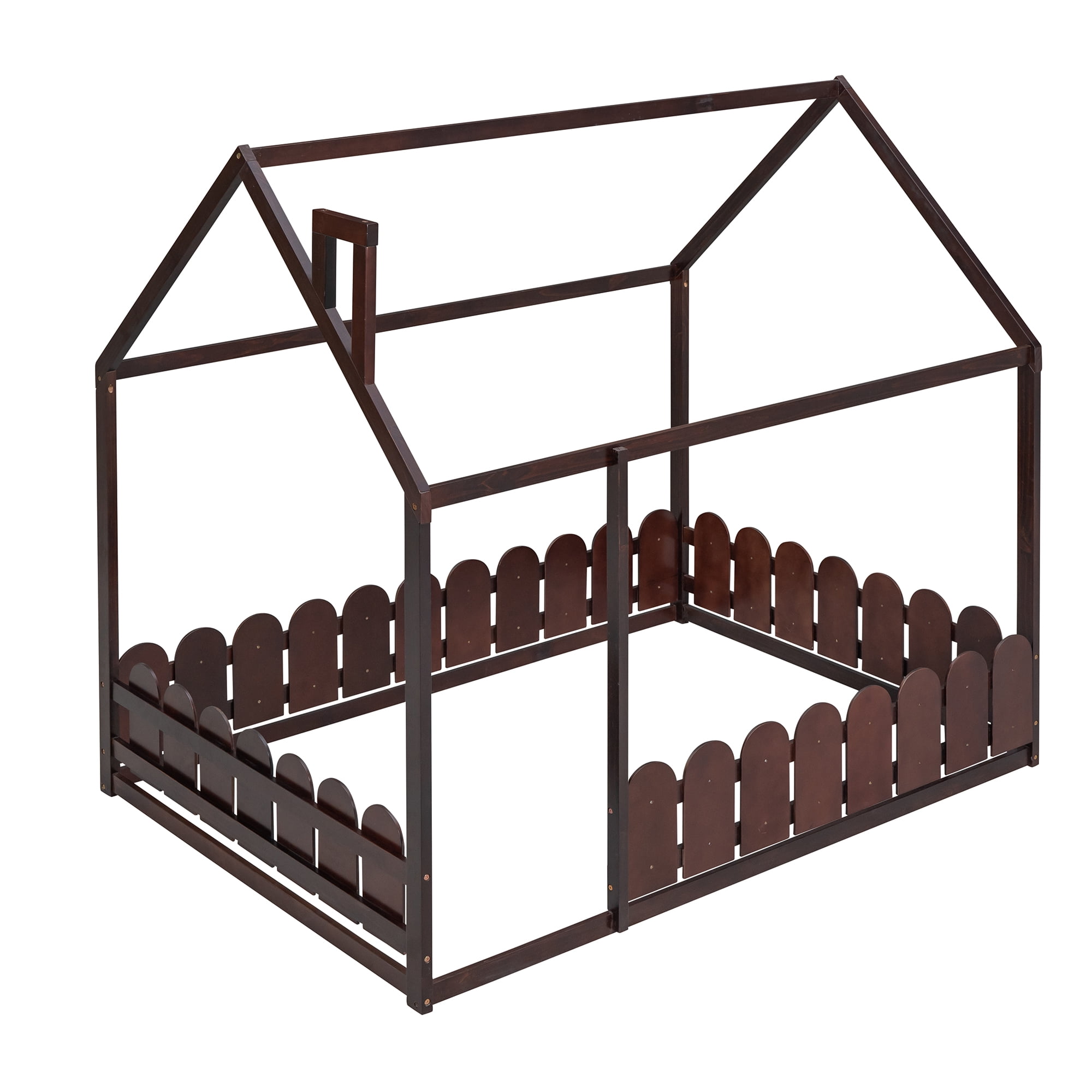 Aukfa House Bed for Kids Teen, Wood Bed Frame with Fence, Full Size Bed, Espresso