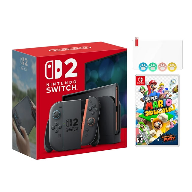 Nintendo Switch 2 Console 256GB 7.9-Inch 1080P HDR Touch Screen, Joy-Con 2 with Mouse Sensor, Dock, with Super Mario 3D World + Bowser's Fury And Mytrix Joystick Caps & Screen Protector