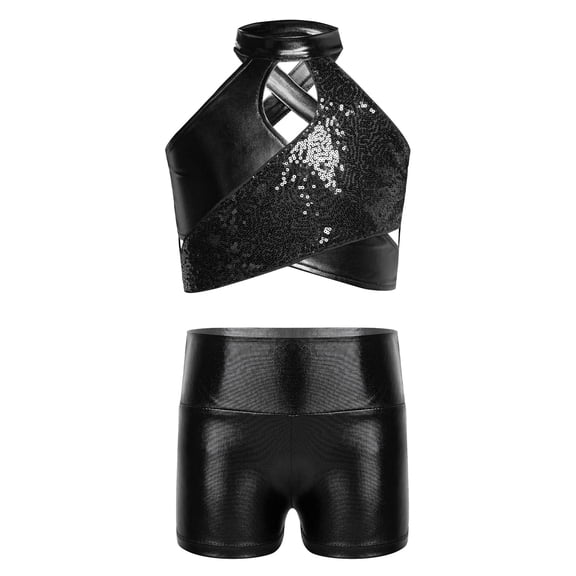 TiaoBug Kids Girls Cheerleading Outfits Shiny Sequin Sleeveless Crop Top and Metallic Shorts Set Dancewear Black 10