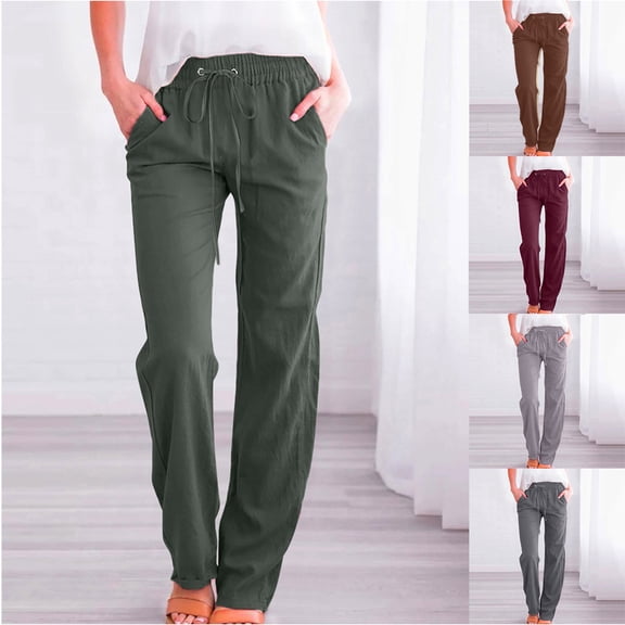 Tqyyweavej Cotton Linen Trousers for Women Drawstring Baggy Wide Leg Palazzo Pants Straight Leg Solid Color Pull-On Pants with Pockets