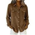 thumbnail image 3 of QIUOMBBP Womens Corduroy Button Down Shirts Solid Color Long Sleeve Button Collared Tops Casual Fold Over Pocket Cargo Shirt, Brown, XXL, 3 of 10