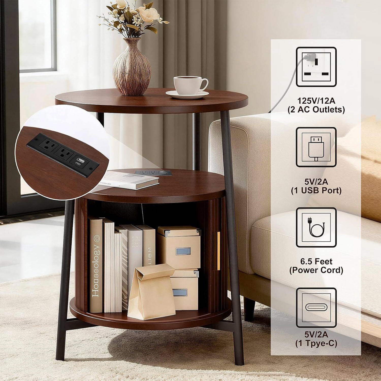 avobird Round End Tables Set of 2 & Charging Station, Fluted Accent Side Table with Sliding Door, Mid-Century Modern Nightstand set of 2 for Small Space Storage, Living Room, Bedroom,Sofa, Walnut