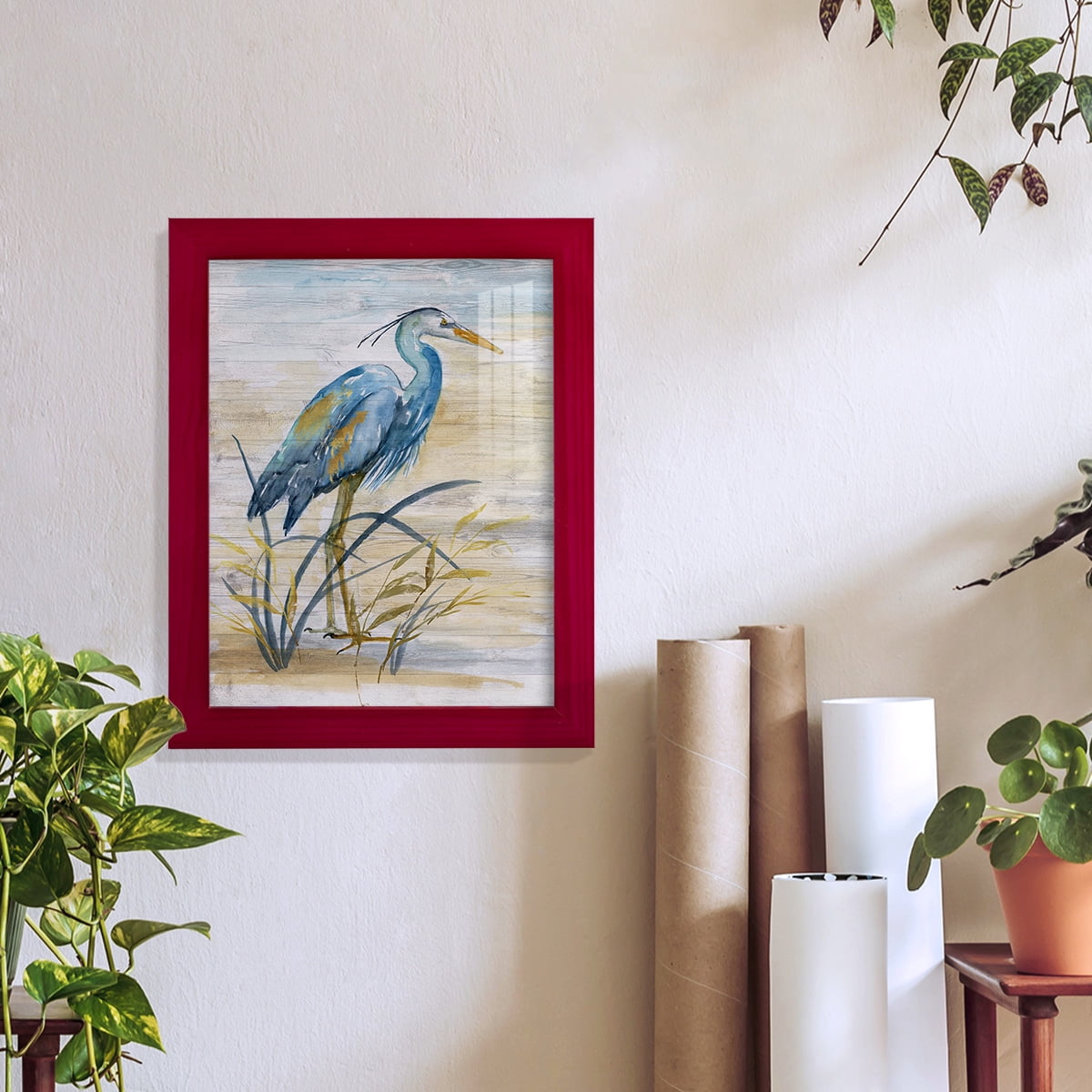 Blue Heron I -Framed Print w/glass-Cherry Red