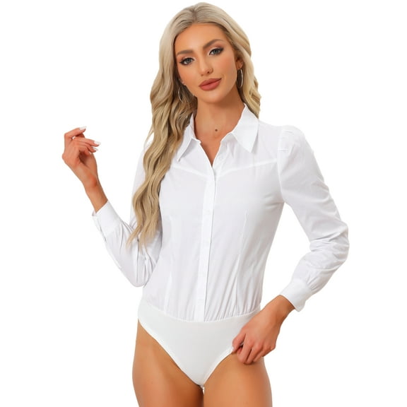 DARING DIVA Leotard Shirt Collared Button Down Long Sleeves Bodysuit XS White