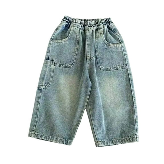 Krdevn Boys Distressed Jeans Casual Straight Leg Pants for Kids Elastic Waist Spring Summer Daily Wear Loose Fit Style,Kids Clothing,7-8 Years