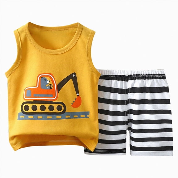 Toddler Baby Boy Clothes Summer Outfits Construction Outfit Excavator Bear Print Sleeveless Top Striped Shorts Casual Playwear Size 4-5 Years
