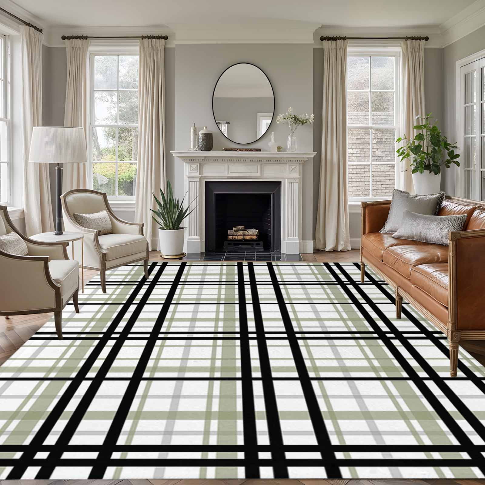 Rectangle Rug 6x9ft Area Rug,Black Sage Green Checkered Area Rugs