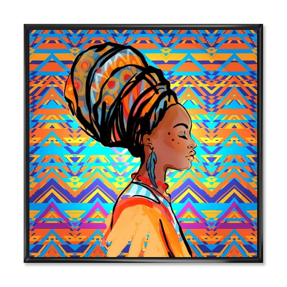 Designart 'African American Woman Portrait with Turban IV' Modern Framed Canvas Wall Art Print
