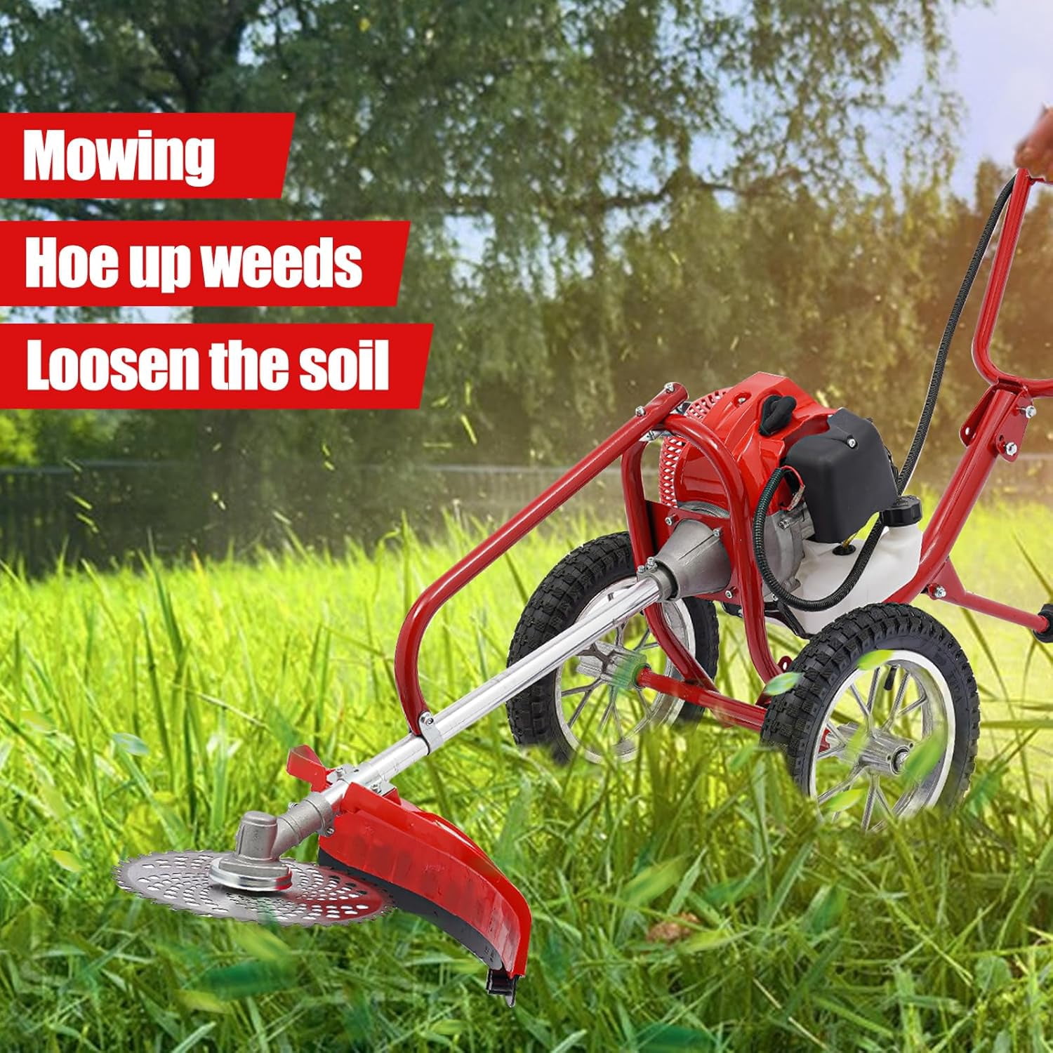 Miumaeov 49CC 2-Stroke Gas Powered Lawn Mower, Hand Push Lawn Mower Trimmer, Brush Mower Gasoline Brush Broom Sweeping Machine, Gas Brush Cutter String Trimmer for Yard