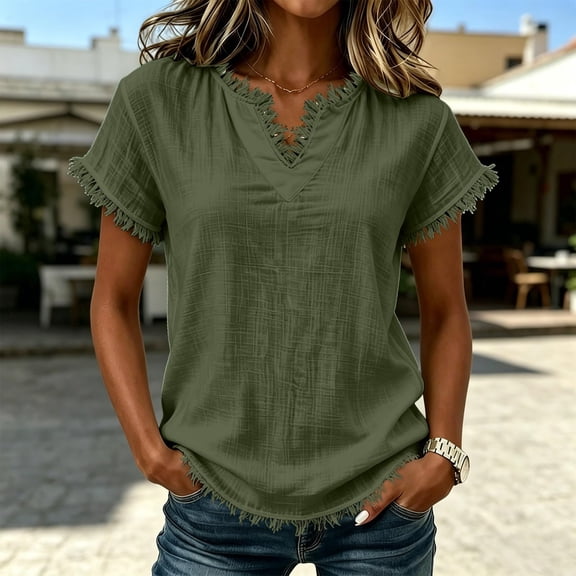 Stralyhd Women's Cotton V Neck T-Shirt Short Sleeve Solid Color Tee Casual Fit Tee Breathable Summer Fashion Tops Army Green XL