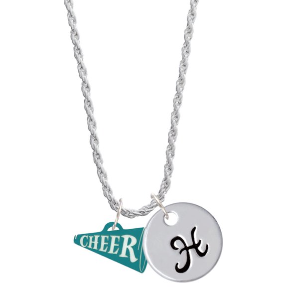 Delight Jewelry Acrylic 3/4" Teal Cheer Megaphone Silvertone Script Initial Disc - H - Charm Necklace, 20" 3"