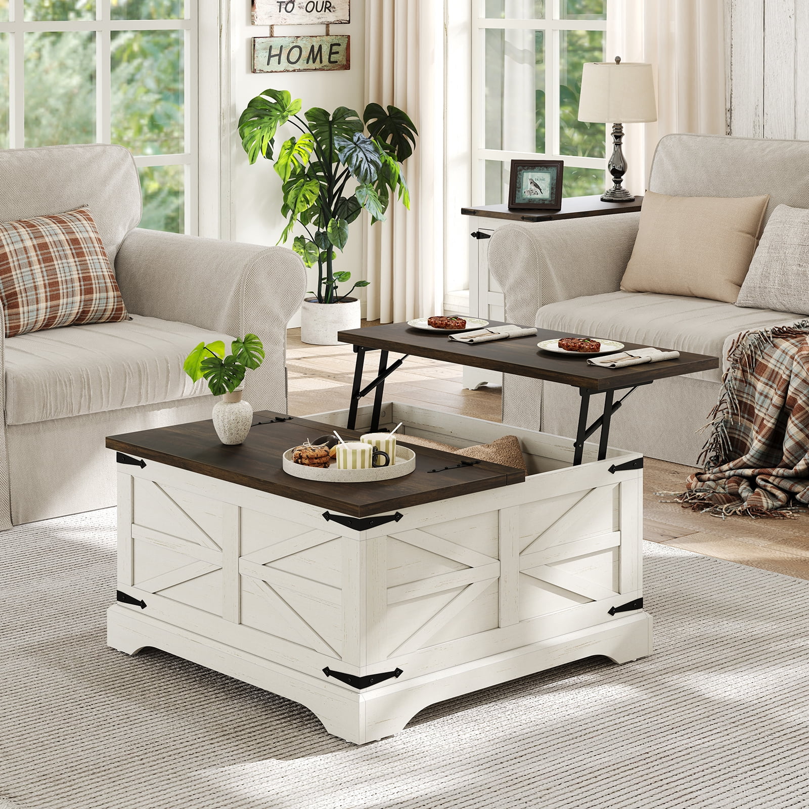 Furnihold Farmhouse Lift Top Coffee Table, Square Wood Center Table with Large Hidden Storage Compartment for Living Room, Rustic Cocktail White Modern Table with Hinged Lift Top, Brown Top