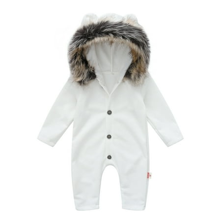 

Capreze Buttons Jumpsuit Playsuit for Infant Casual Faux Fur Hood Romper Travel Long Sleeve Bodysuit 3159-1 White 70CM