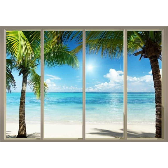 Wall26 - Palm Trees on an Island Framing The Blue Ocean Viewed from Sliding Door - Creative Wall Mural, Peel and Stick Wallpaper, Home Decor - 100x144 inches