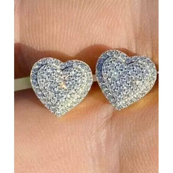 2Ct Round Cut Real Moissanite Cluster Heart Stud Earrings 14K Yellow Gold Plated