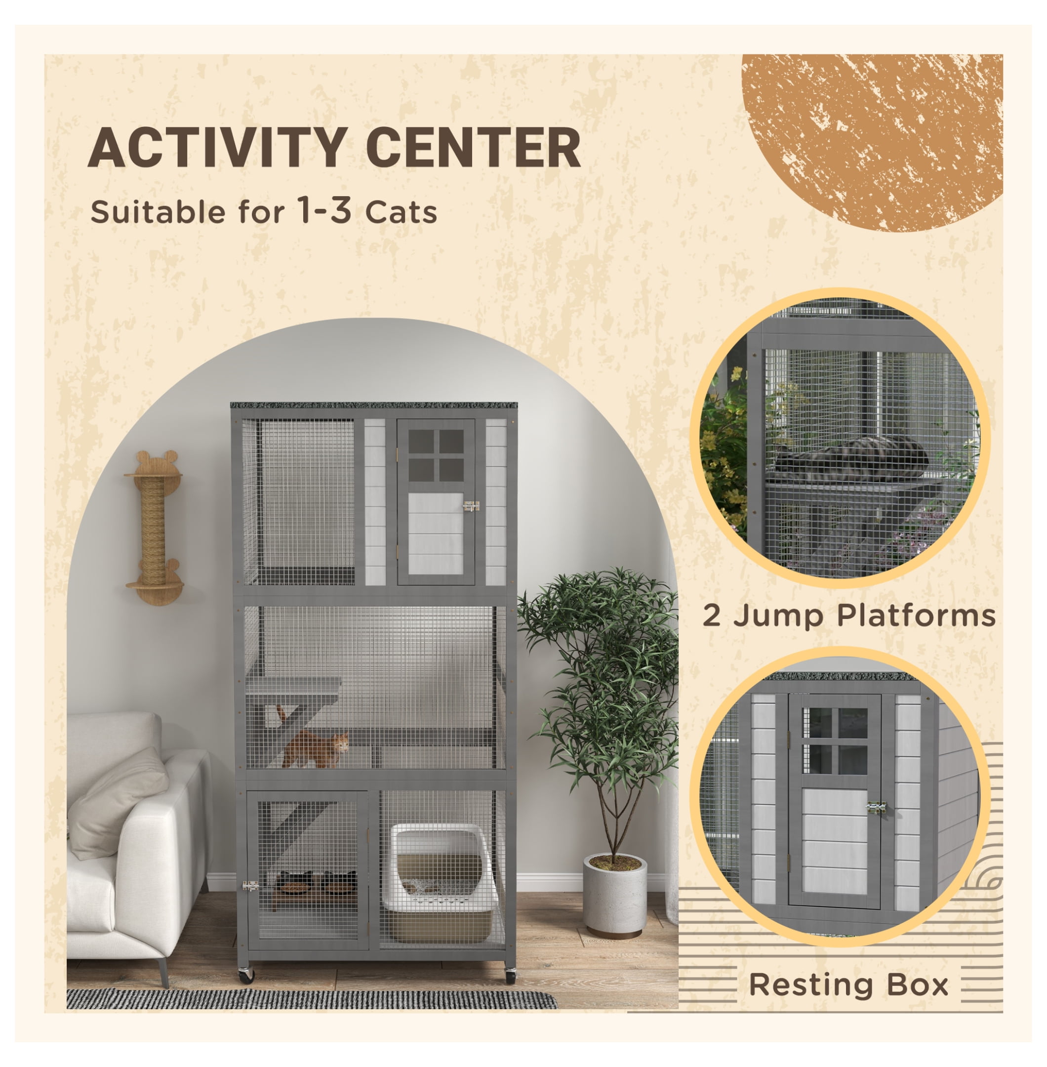 74" Wooden Catio Outdoor Cat House Weatherproof & Wheeled, Outside Cat Enclosure with High Weight Capacity, Kitten Cage Condo, Light Gray
